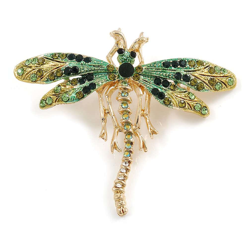 Amazon.com: Green/Olive Diamante Dragonfly Brooch in Gold